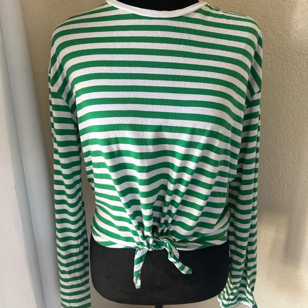 H&M Green and White Striped Long Sleeve Top